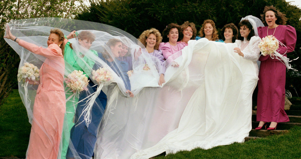 maria shriver bridesmaids blowing veil atlanta wedding photographer buckhead 